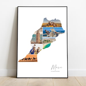 Maroc affiche personnalisée carte avec photo collage – Cadeau personnalisé pour couple, famille, amis – Noël, Fête des pères et anniversaire