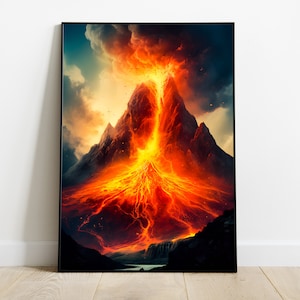 Volcanic eruption fracturing mountain wall decor print poster, volcano enthusiast gift idea, chaotic decor