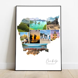 Cambodge affiche personnalisée carte avec photo collage – Cadeau personnalisé pour couple, famille, amis– Noël, Fête des pères, anniversaire