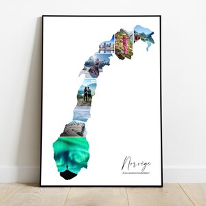 Norvège affiche personnalisée carte avec photo collage – Cadeau personnalisé pour couple, famille, amis – Noël, Fête des pères, anniversaire