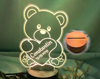 LED Nachtlicht Teddy Geschenk für Kinder mit Namen Geburtsdatum personalisiert Nachttischlampe Schlummerlicht Geburt Babyparty Geburtstag