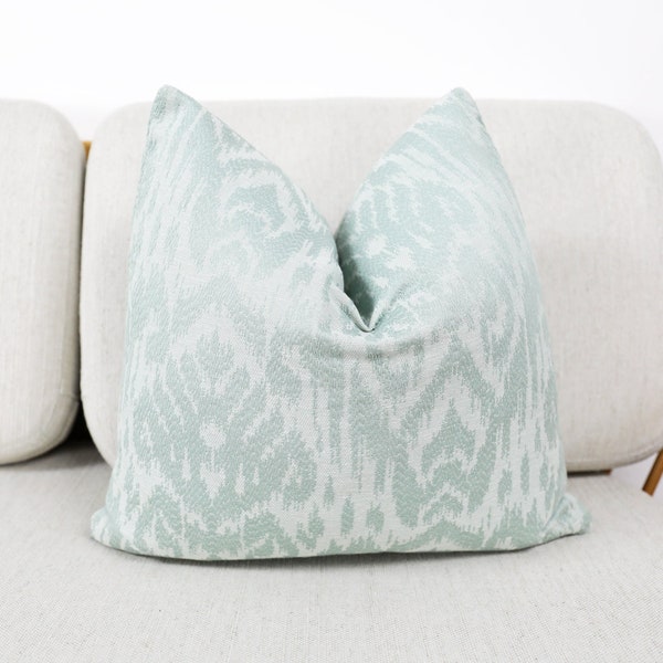 Seafoam Ikat woven Cushion Covers, Duck Egg Designer Throw Pillows, Luxury Designer Scatter Cushions by Belfield design Studio.