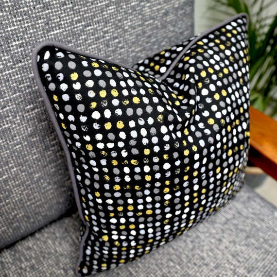 Black Spotty Dotty Polka Dot Scatter Cushion Covers With Grey Piping in 100 Cotton Fabric by Iliv. Black grey mustard Throw Pillows. Etsy UK