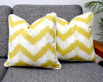 Mustard Yellow Chevron Stripe Scatter Cushion Covers with Piping, 100% Cotton Fabric by Ashley Wilde . Mustard/Yellow/Ochre Throw Pillows.