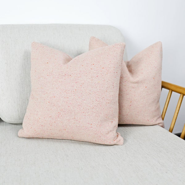 Eco Recycled Yarn Blush Pink Herringbone Wool Cushion Covers, 100% Natural Fiber Wool, Cotton & Linen Mix Throw Pillows.