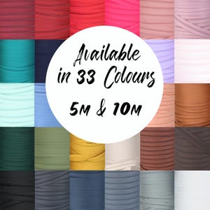 May include: A selection of elastic bands in a range of colours, such as red, teal, and yellow. The text "Available in 33 Colours" is displayed on a white circle, along with "5M & 10M". The image shows a variety of colours and lengths of elastic.