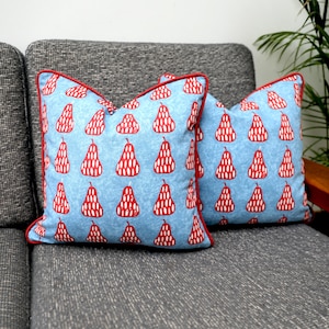 May include: Two blue throw pillows with red pear-shaped patterns and red piping. The pillows are on a gray couch.