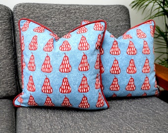 Capri Blue & Red Scandi Pears Scatter Cushion Covers / Throw pillows with Contrasting Piping in 100% Cotton Fabric by iLiv.