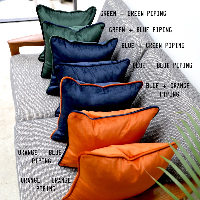 Black Velvet Scatter Cushion Covers with Contrasting Piping in Luxury Plush Velvet. White/Blue/Orange/Green/Teal/Mustard Throw Pillows. image 8