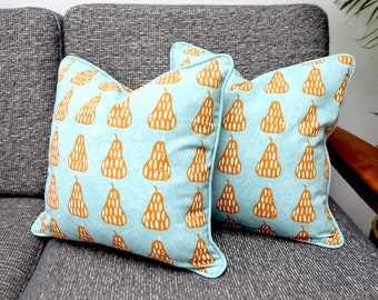 Light Blue and Ochre/Mustard Scandi Pears Scatter Cushion Covers/Throw Pillows with Contrasting Piping in 100% Cotton Fabric by iLiv.