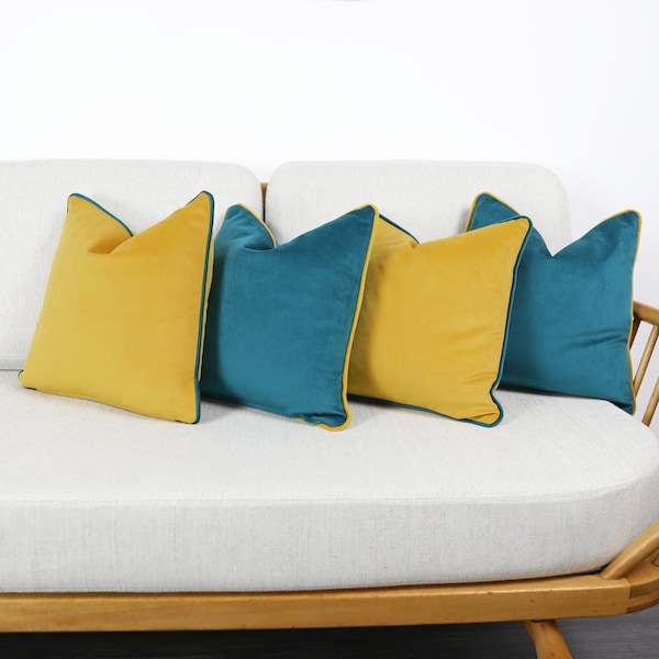 Senfgelbe Samtkissenbezüge mit kontrastierender Paspelierung in luxuriösem Plüschsamt. Blau / Orange / Grün / Türkis / Senf Dekokissen.