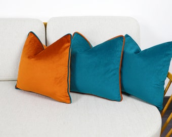 Teal/Kingfisher Velvet Scatter Cushion Covers with Contrasting Piping in Luxury Plush Velvet. Blue/Orange/Green/Teal/Mustard Throw Pillows.