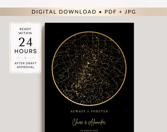 Custom Star Map by Date, Black and Gold, Rose Gold or Silver, Digital Download