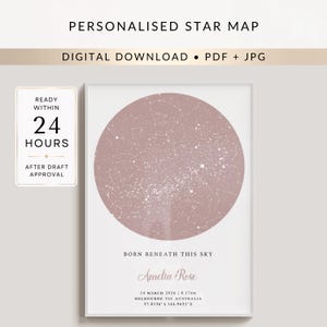 Sterrenkaart op maat, digitale download van de nachtelijke hemel (PDF + JPG).