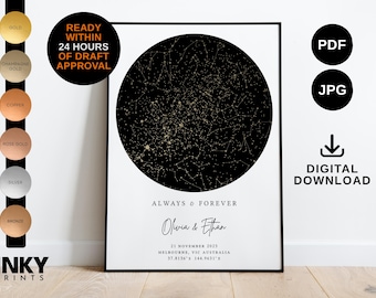 DIGITAL Custom Star Map Download | Husband | Wife | 1st Anniversary | Paper Anniversary Gift | Wedding Gift | Engagement Gift | Black & Gold