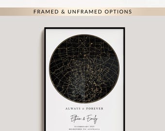 Custom Star Map Print, Personalised Night Sky by Date and Location, Framed or Unframed