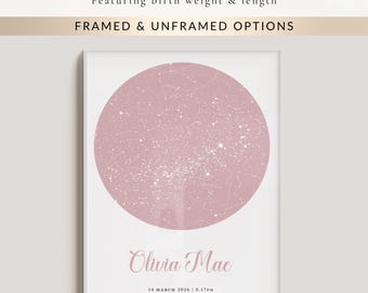 Custom Star Map Print, Personalised Baby Birth Details, Weight & Length, Framed or Unframed