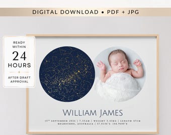 Personalised Baby Star Map with Photo, Birth Details Print, Custom Newborn Keepsake, Digital Nursery Wall Art