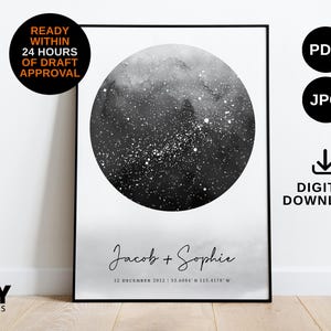 Mappa stellare personalizzata DIGITALE da scaricare / Mappa stellare personalizzata / Grigio / Acquerello / 1° anniversario / Regalo di carta / Regalo di carta / Matrimonio / Fidanzamento