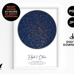 Descarga de mapa estelar personalizado DIGITAL NAVY / Esposo / Esposa / 1er aniversario / Regalo de papel / Regalo de boda / Regalo de compromiso / Azul marino y dorado