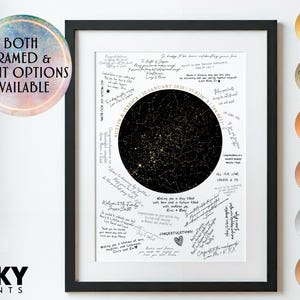 May include: A black and white star map print with gold accents in a black frame. The print features a star map with the date "12th January 2020, 7:32 PM" and the names "Austin & Jessica". The print is surrounded by handwritten messages.