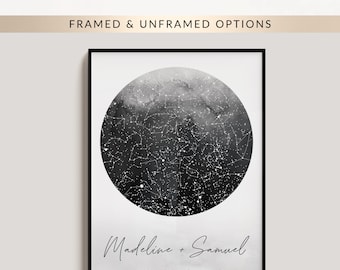 Custom Star Map by Date, Grey Watercolour 1st Anniversary Gift, Framed or Unframed