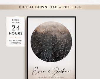 Personalised Beige Watercolour Star Map by Date, Wedding Anniversary Gift (Digital Download)