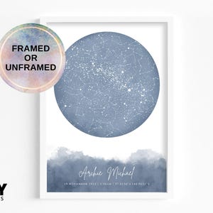 A4 A3 A2 Framed Custom Star Map Personalised Watercolour |  Baby, Child, Birth, Birthday Gift, Baby Gift, Newborn, Baptism