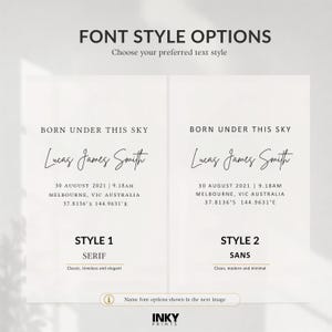 May include: A digital display showing two font style options for a birth announcement print. Both sides feature the text BORN UNDER THIS SKY, the name Lucas James Smith, date 30 AUGUST 2021, time 9.18AM, location MELBOURNE, VIC AUSTRALIA, and coordinates.