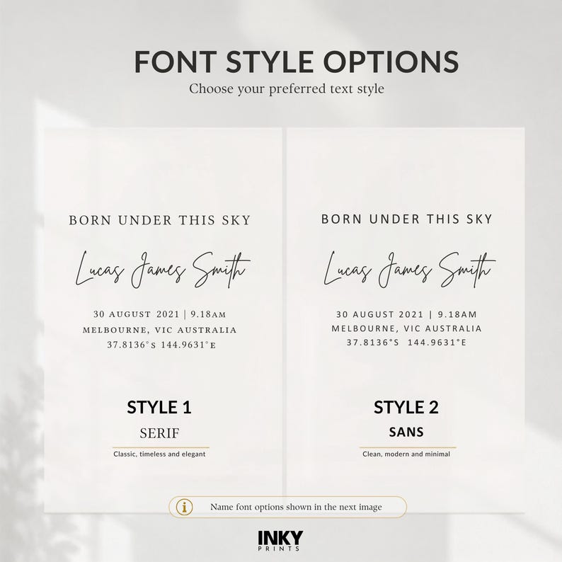May include: A digital display showing two font style options for a birth announcement print. Both sides feature the text BORN UNDER THIS SKY, the name Lucas James Smith, date 30 AUGUST 2021, time 9.18AM, location MELBOURNE, VIC AUSTRALIA, and coordinates.