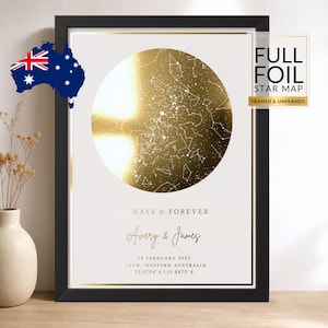 May include: A framed star map print featuring a circular gold foil celestial design on a white background. The text reads ALWAYS & FOREVER, Avery & James, 14 FEBRUARY 2025, PERTH, WESTERN AUSTRALIA, and the coordinates 32.0704 S 115.8473 E.