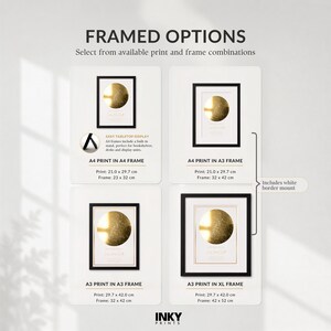 May include: A graphic display titled FRAMED OPTIONS showing four variations of star map prints in black frames. Options include A4 print in A4 frame, A4 print in A3 frame, A3 print in A3 frame, and A3 print in XL frame with white border mounts.