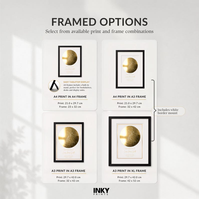 May include: A graphic display titled FRAMED OPTIONS showing four variations of star map prints in black frames. Options include A4 print in A4 frame, A4 print in A3 frame, A3 print in A3 frame, and A3 print in XL frame with white border mounts.