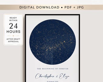 Custom Star Map by Date, Navy Gold 1st Anniversary Gift, Digital Download