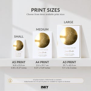 May include: Three rectangular star map prints labeled Small, Medium, and Large, corresponding to A5 (5.83 x 8.27 inches), A4 (8.27 x 11.69 inches), and A3 (11.7 x 16.5 inches) sizes. Each print features a gold circular constellation design and text.