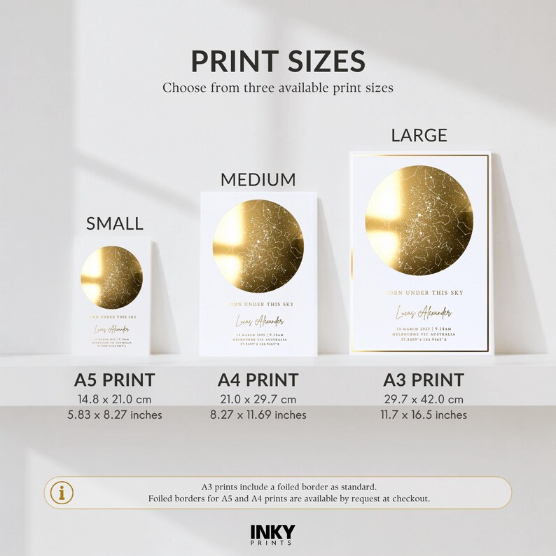 May include: Three rectangular star map prints labeled Small, Medium, and Large, corresponding to A5 (5.83 x 8.27 inches), A4 (8.27 x 11.69 inches), and A3 (11.7 x 16.5 inches) sizes. Each print features a gold circular constellation design and text.