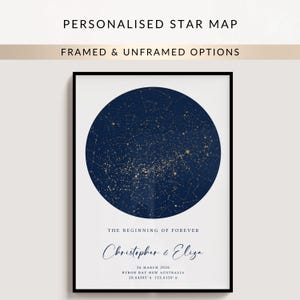 May include: A rectangular framed print featuring a circular dark blue star map on a white background. The text reads "PERSONALISED STAR MAP", "FRAMED & UNFRAMED OPTIONS", "THE BEGINNING OF FOREVER", "Christopher & Eliza", "26 MARCH 2026", "BYRON BAY NSW AUSTRALIA", and coordinates.