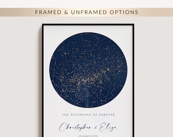 Custom Star Map Print, Framed Engagement Gift, Personalised Navy Night Sky by Date