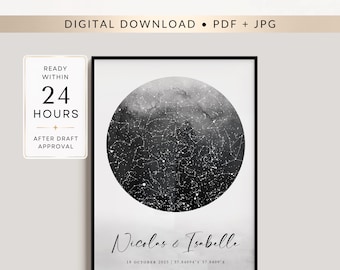 Custom Star Map by Date, Grey Watercolour 1st Anniversary Gift, Digital Download