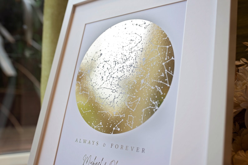May include: A framed print featuring a circular gold foil star map with white constellations. Below the circle, the text reads ALWAYS & FOREVER followed by the names Michael & Olivia in a cursive script font on a white background.