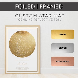 May include: A framed custom star map with a gold foil background. The map shows the constellations visible on 21 February 2021 at 7:05 AM in Melbourne, Australia. The text "Born under this sky" and "Ava Grace" are printed below the map. The frame is made of wood and has a light brown finish. The image shows three colour options for the foil: gold, silver, and rose gold.