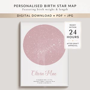 May include: A personalized birth star map digital download featuring a dusty rose circular constellation chart. The text reads: PERSONALISED BIRTH STAR MAP, Featuring birth weight & length, DIGITAL DOWNLOAD, Olivia Mae, 14 MARCH 2026, 8.17pm, WEIGHT 3.38KG, LENGTH 48CM, 37.8136 S 144.9631 E.