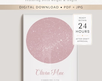 Custom Star Map Digital Download, Baby Birth Details, Weight & Length, PDF + JPG
