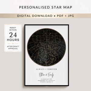Puede incluir: Un póster rectangular con un mapa estelar circular negro y constelaciones doradas. Debajo del mapa, el texto dice: ALWAYS & FOREVER, Ethan & Emily, 14 FEBRUARY 2023, MELBOURNE VIC AUSTRALIA, 37.8136 S 144.9631 E. El póster tiene un marco negro fino.