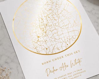 Custom Star Map Print in Reflective Foil, Personalised Night Sky by Date, Framed or Unframed