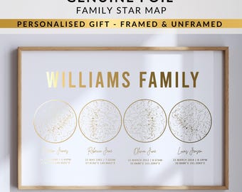 Custom Family Star Map in Reflective Foil, Personalised Birth Sky Print, Framed or Unframed