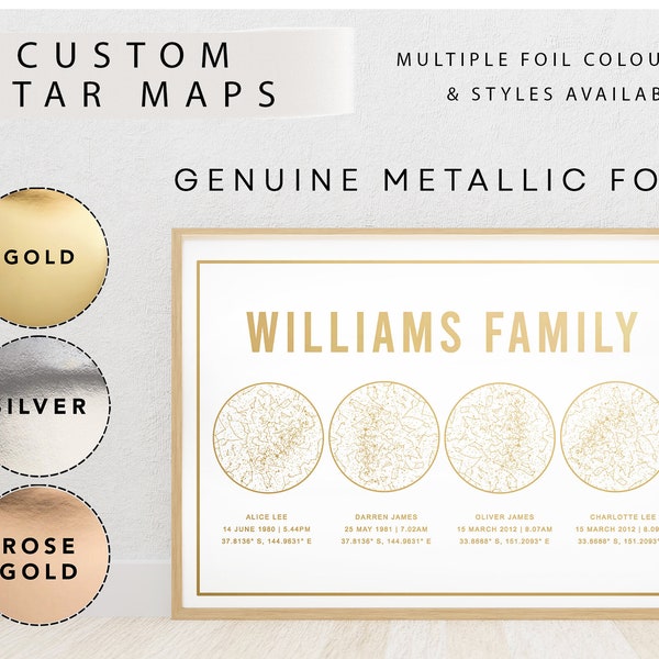 Fathers Day Gift | Family Star Map Gold Silver Rose Gold Foiled Custom Star Map Star Map Gift Unique Family Personalised