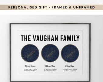 Custom Family Star Map Print, Personalised Birth Sky Wall Art, Framed or Unframed