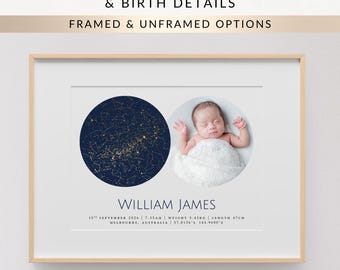 Personalised Baby Star Map with Photo, Custom Birth Details Print, Newborn Gift, Nursery Wall Art, Framed or Unframed