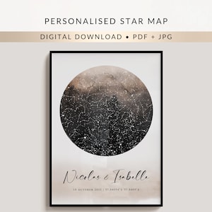 Carte du ciel personnalisée à l'aquarelle numérique, impression personnalisée du ciel étoilé, cadeau de mariage, d'anniversaire, de naissance et d'anniversaire, céleste
